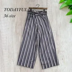 トゥデイフル　ストライプラップワイドパンツ【36】ネイビー白　コットン　1225