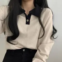 リブ編み 長袖 アイボリー/ブラック　韓国レディースファッション