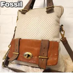 【美品⭐】フォッシル 2wayショルダーバッグ パンチングレザー ベージュ 茶のサムネイル