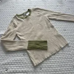 バイカラーリブ編み長袖セーター Lサイズ クリーム×緑　リブニット　指穴付き