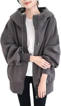 美品 Lサイズ ボリューム袖 ジップアップ パーカー 小顔効果 グレー