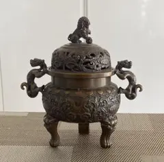 銅製 香炉 獅子蓋付き 香炉 刻印有