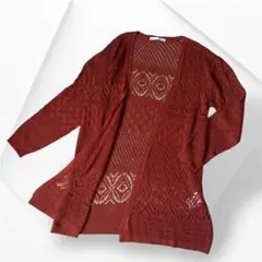 レース編み長袖ニットカーディガン 透かし編み 羽織り 軽量 テラコッタ F