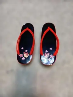 和装用 下駄 赤鼻緒 桜柄 ブラック 和柄 レディース