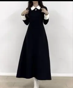 バイカラーセミフレア ニットワンピース ブラックJUNOAH / ジュノア