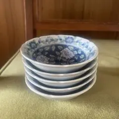 青と白の花柄陶器小鉢5枚セット　昭和レトロ　古道具