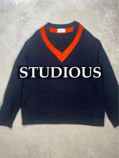 STUDIOUS（ステュディオス）Vネック ニットセーター ネイビー×オレンジのサムネイル