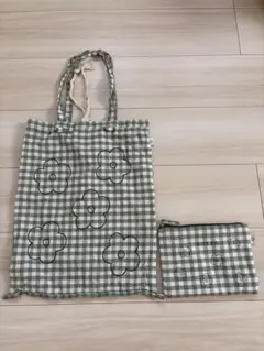 ビヨルク KUKKA グリーンチェック エコバッグ ポーチ
