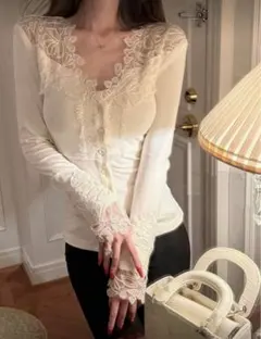 shein アイボリー レース装飾 長袖トップス