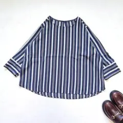 大きいサイズ 七分袖シアーブラウス 透け感 ストライプ きれいめ オフィス 3L