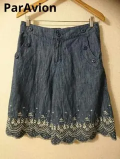 パラビオン★スカラップ刺繍デニムガウチョパンツ