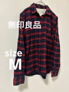 무인 양품 체크 넬 셔츠 M 레드 네이비 긴팔 플란넬 코튼