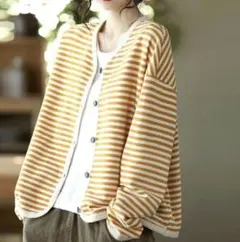 【新品未使用】Tutti オレンジ白のストライプカーディガン　XL