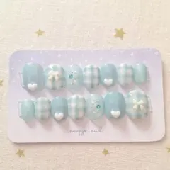 青系♡チェック柄 × ハート♡ネイルチップベリーショート14本♡秋冬キッズネイル
