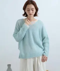 センスオブプレイス　ストレッチアルパカシアーセーター　mint ライトブルー