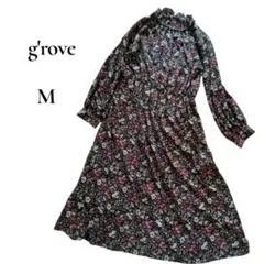 美品✨g'rove 長袖ワンピース M　ゴムウエスト　フリルスタンドカラー　花柄