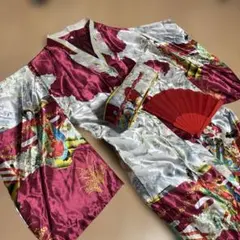 赤と白の着物セット 扇子と帯付きのサムネイル