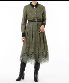 グレースコンチネンタル★38★ダイアグラムオリーブカーキ色レースシャツ襟ドレス