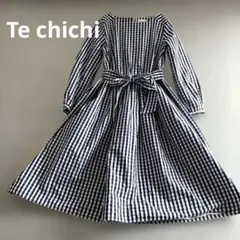 テチチ/ギンガムチェック/春ワンピ/長袖ワンピース/ネイビー・ホワイト/Mサイズ