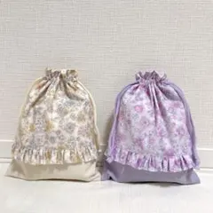 入園入学グッズ　給食袋　巾着袋　フリル付き　2点セット　＊　ハンドメイド　花柄