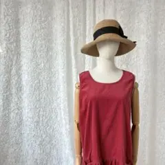 赤コーデュロイワンピース ノースリーブ ロング丈 古着