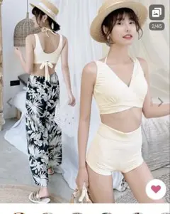 値下げ！新品未使用　女性水着体型カバーカシュクール風ビキニワイドパンツ 3点組のサムネイル