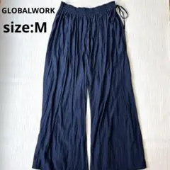GLOBAL WORK さらさらサテンワイドパンツ　ネイビー　グローバルワーク