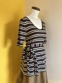 COMME CA ISM カットソー　黒×紫×白　ボーダー　ベルト付き　タイト