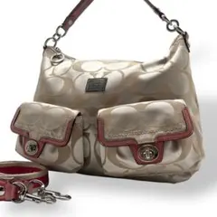 美品 コーチ ハンドバッグ 赤 シグネチャー 2way 肩掛け ナイロン レザー