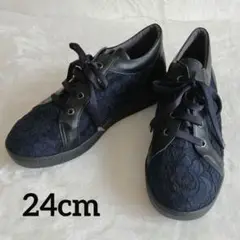ネイビー レースアップ スニーカー　24cm　日本製