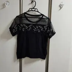 ドット柄シースルー袖黒Tシャツ