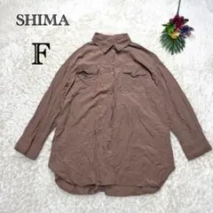 ★シマ　オーバーサイズ長袖シャツ　バックプリント　ブラウン　ゆったり　薄手