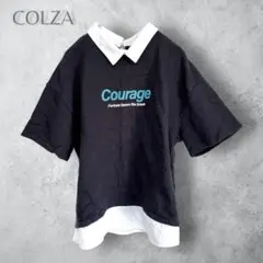 【COLZA コルザ】　ドッキング風　半袖カットソー　プリント　ブラック　黒