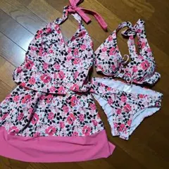 フラワープリント ビキニセット ワンピース付き3点セットピンク花柄