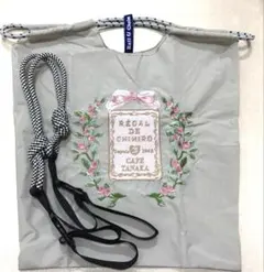 カフェタナカ花柄刺繍エコバッグ M ライトグレー　ストラップ付き
