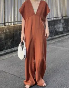 オレンジ Vネック オールインワン　マタニティ