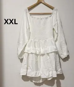 XXL ホワイト フリル付きワンピース 長袖