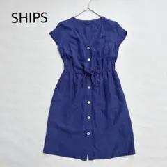 シップス リネン レーヨン混 フロントリボン シャツワンピース 半袖 ネイビーのサムネイル