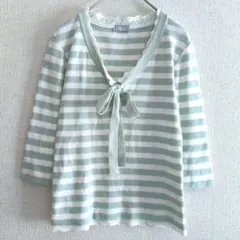 s0712【ペルータ】Vネックリボンタイボーダーニットセーター 五分袖　日本製