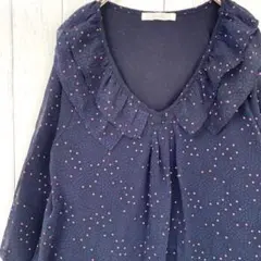 アフターオール ドット柄シフォンチュニックブラウス 紺 ネイビー Mのサムネイル