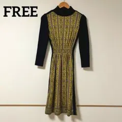 【レトロ】黒と黄色のワンピース ペイズリー柄 花柄 長袖 Aライン フレア