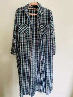 青系チェック柄ロングシャツワンピース　羽織り