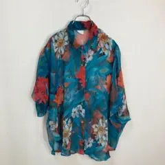 【R-9】シースルーブラウス シャツ ボタニカル 花柄 グリーン レトロ 古着