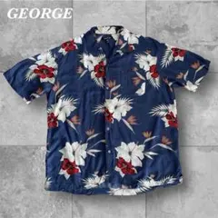 GEORGE アロハシャツ L 紺 レーヨン100% ハイビスカス 総柄 古着