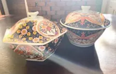 有田焼　錦松梅　光峰作　蓋付き煮物椀 正月支度　縁起物陶器　八角形と丸型　２客揃