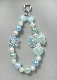 ビーズストラップ　水色　青　雪　リボン