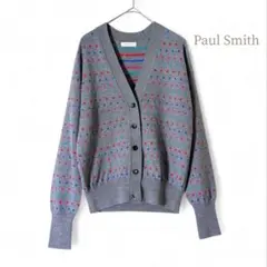 ポールスミス／ウール100% ドットジャガードカーディガン グレーカラフル刺繍
