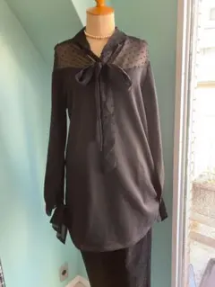 （新品）ZARAブラック ドット柄 シースルー ロングブラウス裏起毛　リボンタイ