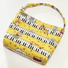 猫　鍵盤柄　バッグポーチ　イエロー　ハンドメイド