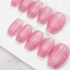 ピンク　マグネット　ネイルチップ　ちゅるん　ラメ　ガラスネイル　韓国